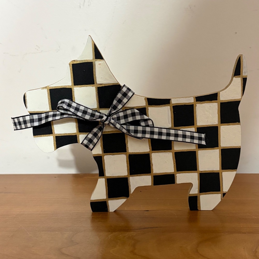 Greenbrier International Hand Painted Wooden Scottie Dog Figurine Checkered Bow